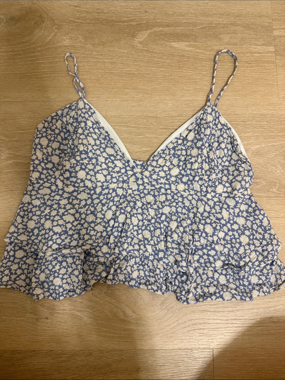 Floral Blue and White Spaghetti Strap Crop Top